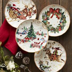 four plates with christmas decorations on them