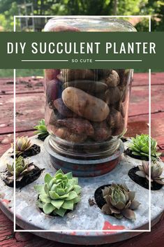 a jar filled with rocks and succulents on top of a wooden table