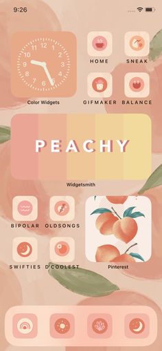 an image of peaches with the words peachy on it and some icons above them