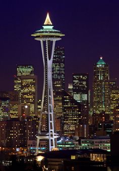 the space needle is lit up at night