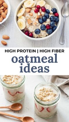 oatmeal with nuts and blueberries in a bowl on a white table