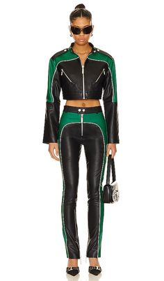 Find CAMILA COELHO Biker Leather Pants In Green,black on Editorialist. Camila Coelho Biker Leather Pants in Green,Black. - size S (also in XS, XXS) Camila Coelho Biker Leather Pants in Green,Black. - size S (also in XS, XXS) Self: 100% lamb leather Lining: 100% polyester. Made in China. Professional leather clean only. Zip fly with slide and snap button closure. Zippered cuffs. Leather fabric. Item not sold as a set. 14 at the knee and 14 at the leg opening. COEL-WP123. CCP172 H23. Camila Coelho Black Biker Pants With Zip Fly, Black Biker Style Bottoms, Black Fitted Pants With Zip Fly, Black Biker Leather Pants For Night Out, Fitted Moto Leather Pants For Fall, Fitted Black Bottoms For Biker Events, Fitted Black Moto Pants, Fitted Biker Leather Pants With Zipper Closure, Black Biker Workwear Pants