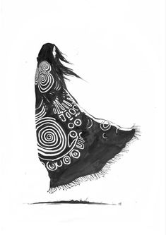 a black and white drawing of a woman's back with her hair blowing in the wind