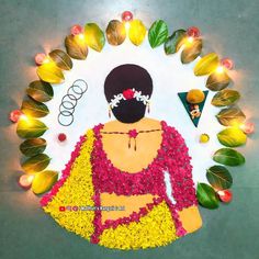 a woman with flowers on her body surrounded by leaves and candles in the shape of a circle