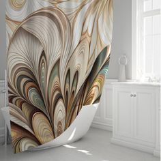 an artistic shower curtain in a bathroom