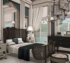 a bedroom with a bed, dressers and lamps in it's center area