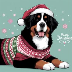 a black and white dog wearing a sweater and hat with snowflakes on the background