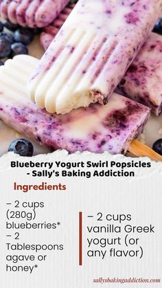 These protein-packed 3 Ingredient Blueberry Yogurt Swirl Popsicles hit the spot when the weather heats up! Juice Bars, Blueberry Yogurt, Sally's Baking, Aip Paleo, Vanilla Greek Yogurt, Popsicle Recipes