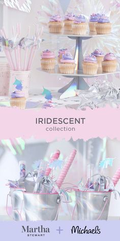 cupcakes and candy are displayed on three tiered trays with unicorn decorations