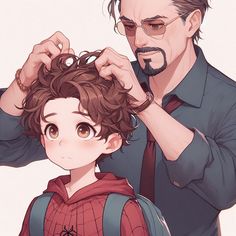 a man combs his hair next to a little boy in a red shirt and tie