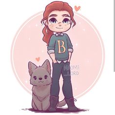 a girl standing next to a dog with the letter b on it's chest