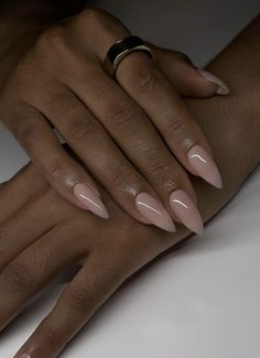 Milky Pink Stiletto Nails, Vacation Nail Ideas Simple, Gelx Almond Nail Designs, Gel X Nude Nails, Mani Pedi Aesthetic, Simple Nails Stiletto, Stiletto Natural Nails, Almond Nails On Black Women, Nude Pointy Nails