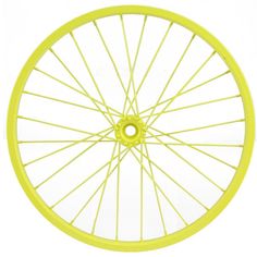 an image of a yellow bicycle wheel with spokes