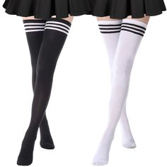 PRICES MAY VARY. Extra Long Thigh High Socks - AQOKKA thigh high socks have been expertly crafted to measure an impressive 35” (unstretched) from heel to the top. It can ensure a true thigh high experience for women between 5'2" and 6'9". such as, they almost reached the top of the thigh for a 5'3", 140-pound individual, delivering unmatched comfort and style. Elastic Material - These stretchy extra long thigh high socks are crafted from quality 80% acrylic, 15% spandex, 5% nylon, soft, flexible High Thigh Socks, Thigh High Tights, School Uniform Skirts, Thigh Socks, Striped Stockings, Knee High Stockings, Over Knee Socks, Black Thigh High, Striped Tights