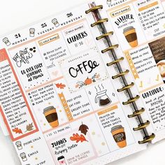 an open planner with coffee related items on it