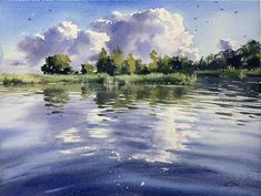 watercolor painting of clouds and trees on the edge of a lake