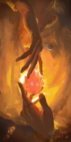 two hands reaching towards each other in front of a fire