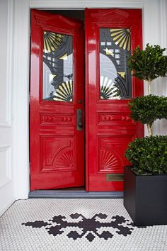 a red door with two potted plants next to it and a black planter