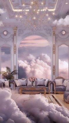 a living room filled with furniture and clouds