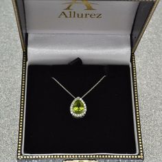 Wear this vibrant Diamond & Pear Peridot Halo Pendant Necklace 14k White Gold (1.83ct)- Allurez.com Nice Jewelry, Chanel Perfume, Peridot Necklace, Rings Necklace, Peridot Green, Luxury Necklace, Halo Pendant, Gemstone Engagement Rings, Jewelry Inspo