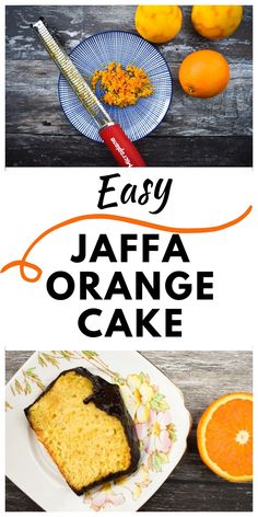 an orange cake with chocolate icing on it and the words easy jaffa orange cake