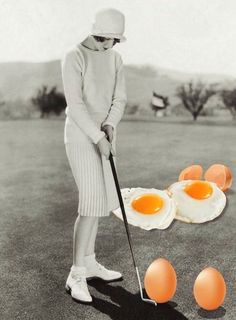 an old photo of a woman golfing eggs