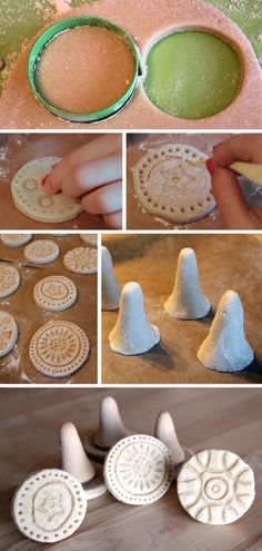 there are many different pictures that show how to make cookies and other things on the table