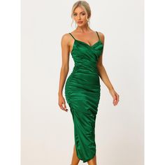 Add some color to your new season wardrobe with this spaghetti strap dress. Simple and classic design with V-neck solid color, high and low hem and adjustable shoulder straps. Pair perfectly with high heels. Made with soft fabric, this dress ensures all-day comfort without compromising on style. Whether you're going for a relaxed brunch or a night out, this dress ensures a fashionable elegance look. Midi Dress Green, Summer Spaghetti, Midi Slip Dress, Dress Simple, Bodycon Midi Dress, Midi Short Sleeve Dress, Green Midi Dress, Bodycon Midi, Midi Dress Bodycon