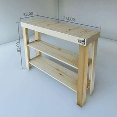 a wooden table with two shelves on each side and measurements for the top shelf below