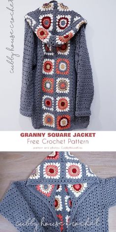 crocheted granny square jacket with free pattern on the front and back, in two different colors