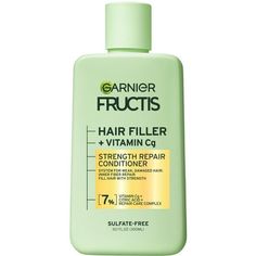 Garnier Fructis Hair Filler Strength Repair Squeeze Conditioner with Vitamin Cg, for adults. Our sulfate-free Hair Filler + Vitamin Cg system, formulated with Vitamin Cg + Citric Acid + Repair Care Complex, fills weak, damaged hair with strength. Fill hair with strength 7 layers deep with our system for inner fiber repair, and outer visible transformation. INNER: Repairs and strengthens broken bonds deep in the cortex, hair fibers inner layer*. OUTER: Up to 79% stronger hair with up to 4x less b Garnier Shampoo, Hair Filler, Shampoo For Itchy Scalp, Hair Repair Treatments, Shampoo For Damaged Hair, Garnier Fructis, Stronger Hair, Hair Care Brands, 7 Layers