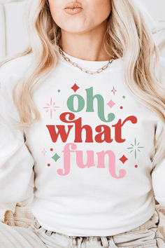 Get into the holiday spirit with our retro Christmas crewneck sweatshirts that says "Oh What Fun", perfect for festive gatherings and parties! These cozy white fleece sweatshirts feature a cute retro phrase in cute colors, adding a fun and festive touch to your winter wardrobe. Whether you're channeling Santa vibes or simply keeping warm, these sweatshirts are a must-have for any holiday party! Shirt Inspiration, Oh What Fun, Christmas Card Art, Christmas Crewneck, White Fleece, Sweater For Women, Holiday Sweatshirt, Family Christmas Gifts, Holiday Sweater