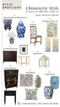 an image of some furniture and accessories in the style of chinoiserite - style