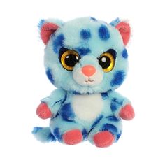 a blue and white stuffed animal with big eyes