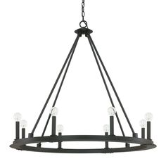 a black chandelier with six candles hanging from the bottom and four lights on each end