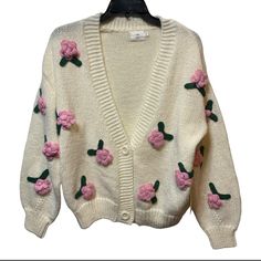 Have A Little Flaw You Can See On The Photos Approximate Measurements: Bust 21” Length 24” Shoulder To Shoulder: 21” Underarm To Underarm: 21.5” Sleeve: 17.5" Questions? Leave A Comment Below! Pink And Green Flowers, Cream Colored Cardigan, Cream Sweater Cardigan, The 90s Fashion, Ivory Cardigan, Grandma Fashion, Cream Cardigan, Soft Cardigan, Stylish Sweaters