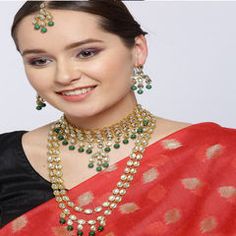 Gold Rodium Polish Green color Necklace in Metal Alloy studded with CZ Diamond, Kundan Kundan Necklace For Celebration, Green Round Bridal Necklace, Festive Jewelry With Stones, Festive Stone Jewelry, Green Jeweled Kundan Necklace, Party Kundan Jeweled Necklace, Metal Jeweled Necklaces For Celebration, Celebration Jeweled Metal Necklaces, Celebration Metal Jeweled Necklaces