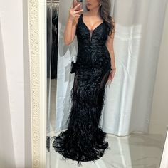 Chantel Feather Dress! Crafted With A See-Through Bodice And A Luxurious Feathery Bottom Half Featuring A Long Train. Worn Only Once. Altered - Length Was Taken Up About An Inch. I Am 5’1 For Reference And Wore 4 Inch Heels. Original Price $ 698 Here’s The Website Link: Https://Bchicfashions.Com/Products/Chantel-Feather-Dress Feather Gown, Long Train, Feather Dress, 4 Inch Heels, Website Link, 4 Inch, Bodice, Size 2, Train