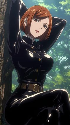 a woman in uniform sitting next to a tree with her hands on her head and looking at the camera