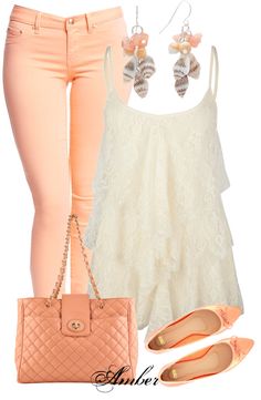 "Pastel Peach" by stay-at-home-mom on Polyvore... Definitely love the pants not so much the rest of the outfit Peach Outfit, Outfits Pastel, Quoi Porter, Spring Fashion Outfits, Khaki Shorts, Polyvore Outfits, Spring Summer Outfits, Outfits Casuales, Look Fashion