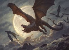 a painting of a dragon flying in front of a full moon with other animals nearby