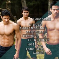 three shirtless men standing next to each other in front of trees and the words above them