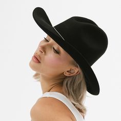 Gigi Pip felt hats for women - Rendon Gus Crown - 100% bolivian wool classic western shape with a Gus crown + a curved roll brim featuring a gold plated Gigi Pip pin on the back of the crown [black] Black Short Brim Felt Hat For Ranch, Black Curved Brim Hat Bands For Ranch, Classic Black Felt Hat For Rodeo, Black Flat Brim Felt Hat For Ranch, Black Curved Brim Top Hat For Rodeo, Black Curved Brim Hat Bands For Rodeo, Classic Black Hat Bands For Western-themed Events, Black Fedora With Curved Brim For Rodeo, Black Flat Crown Hat For Western-themed Events