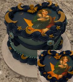 there is a cake decorated with an image of a woman sitting on the moon and stars