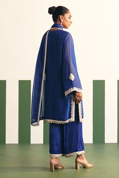 Buy Blue Kurta Organza Embroidery Geometric Irina Yoke Palazzo Set For Women by Reeti Arneja Online at Aza Fashions. Fitted Blue Palazzo Set With Intricate Embroidery, Blue Fitted Palazzo Set With Intricate Embroidery, Royal Blue Fitted Kurta, Blue Silk Sets With Intricate Embroidery, Designer Blue Party Sets, Elegant Fitted Royal Blue Kurta, Silk Blue Kurta With Intricate Embroidery, Blue Silk Palazzo Set With Resham Embroidery, Blue Palazzo Set With Resham Embroidery For Formal Occasions