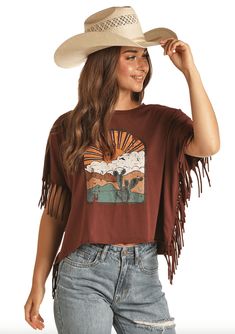 Shirt - Rock & Roll Cowgirl Women's Brown Desert Fringe Tee RRWT21R0YM Diy Western Fringe Shirt, Fringe Shirt Outfit, Edgy Cowgirl Style, Shirt With Chains, Desert Graphic, Fringe Tee, Fringe Shirt, Side Fringe, Desert Scene