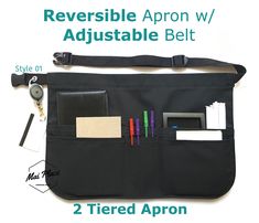 an adjustable belt has two items in it and is labeled with the words reversible apron w / adjustable belt