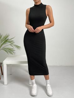 Negro Elegante Collar sin mangas Tela tejida Liso Tank Embellished Elástico Ligero Ribbed Dress Outfit, Black Knitted Dress, Dresses With Tennis Shoes, Vestidos Sport, Singlet Dress, Ribbed Knit Bodycon Dress, Knit Bodycon Dress, Basic Black Dress, Sleeveless Sweater Dress