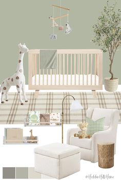 Cute nursery decor mood board with light green accent wall Sage Green Feature Wall Nursery, Wallpaper Ideas Nursery, Nursery With Green Wall, Green Beige Nursery, Muted Green Nursery, Green Accent Nursery, Green Gingham Nursery, Nursery With Green Accents, Sage Green Accent Wall Nursery