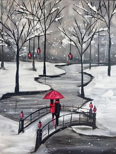 a painting of people walking in the snow with an umbrella and red lanterns on trees